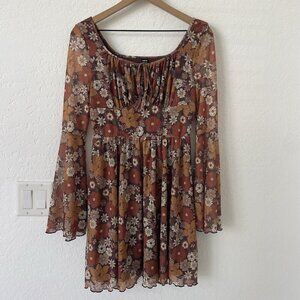 Womens Boho Milkmaid Dress Size M Brown Bell Sleeve Cottagecore Hippie Floral
